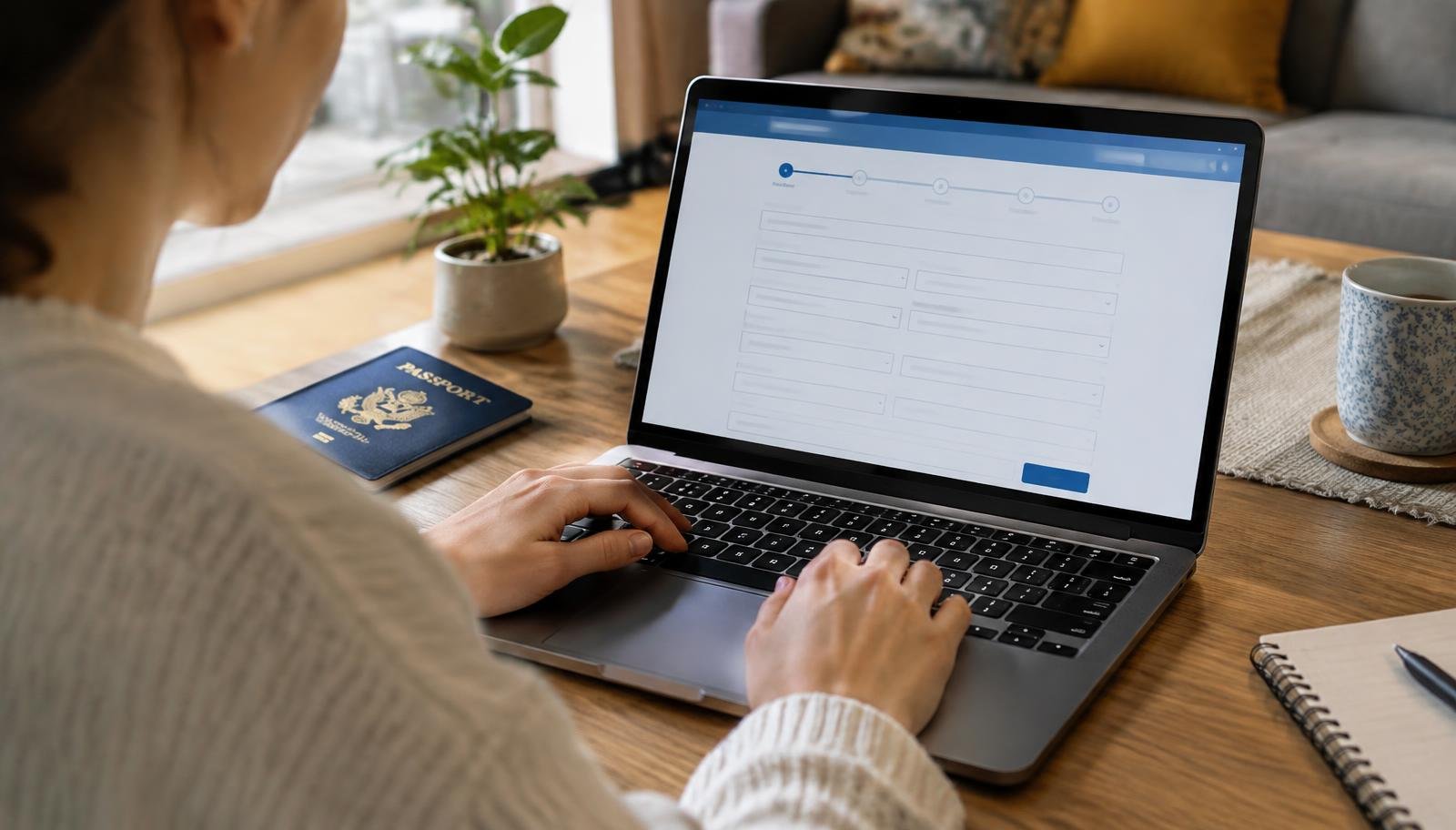 Traveler completing an online e-visa application on a laptop with a passport beside it