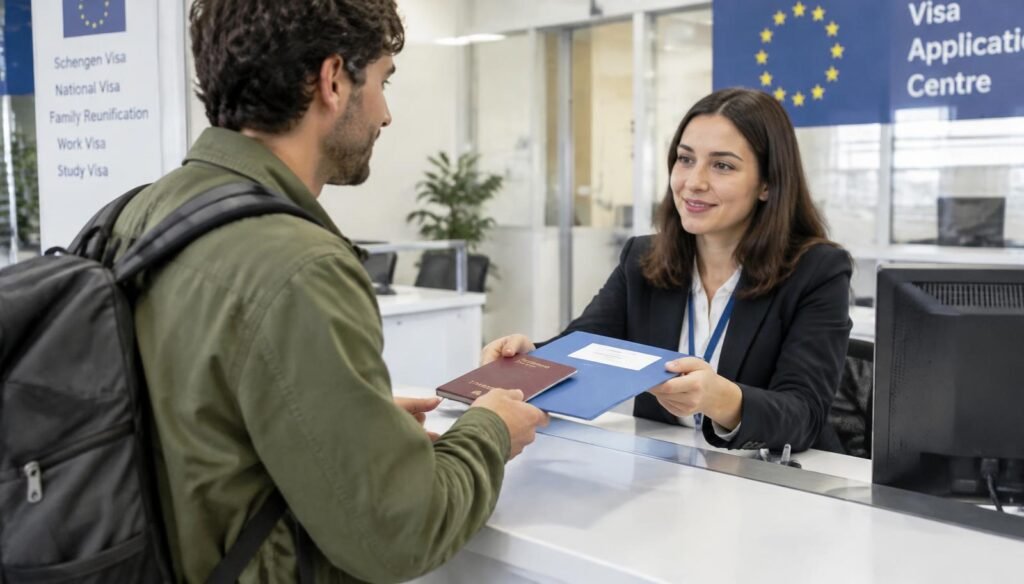 Traveler submitting passport and documents at a Schengen visa application centre