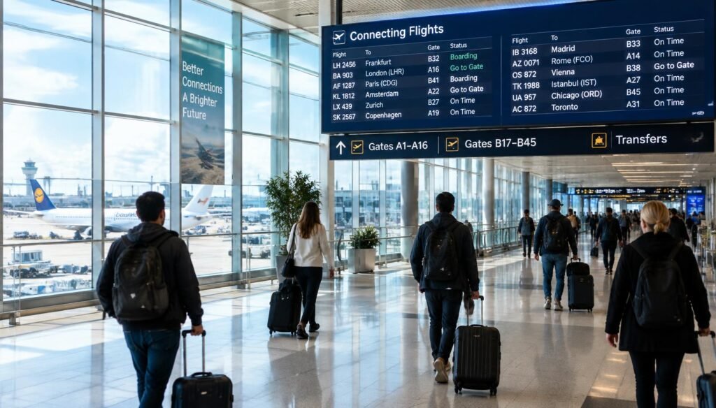 Travelers walking through an airport transit hall with connecting flight departure boards