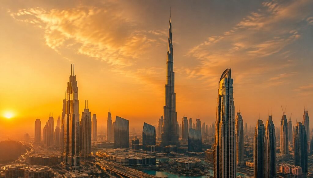 Dubai skyline at golden hour with the Burj Khalifa