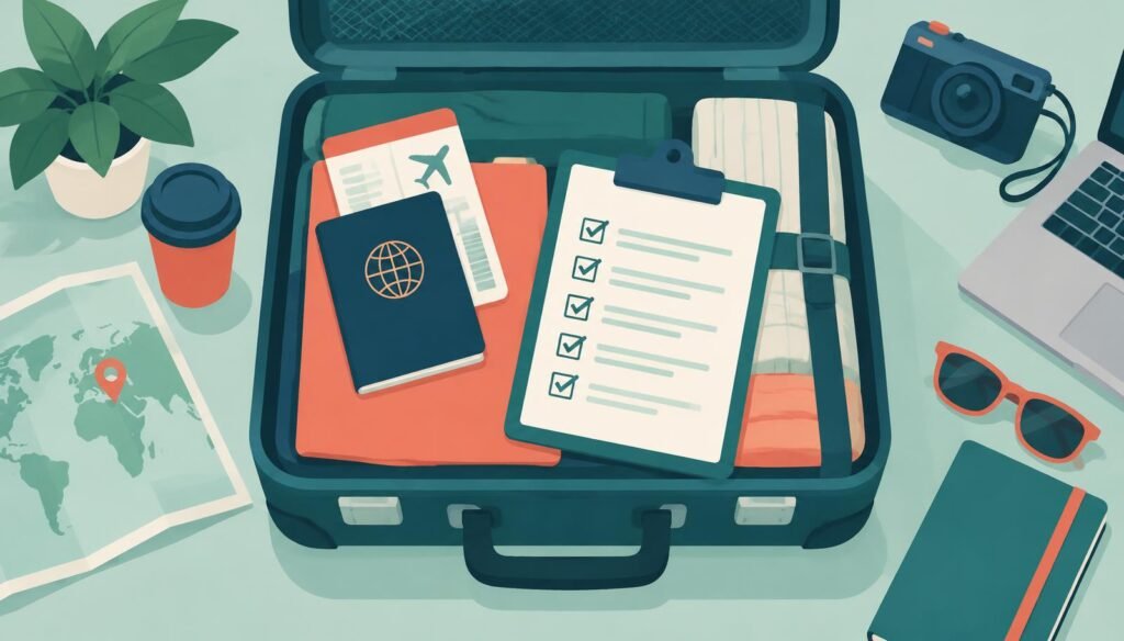 Suitcase packed with passport, boarding pass and visa application checklist