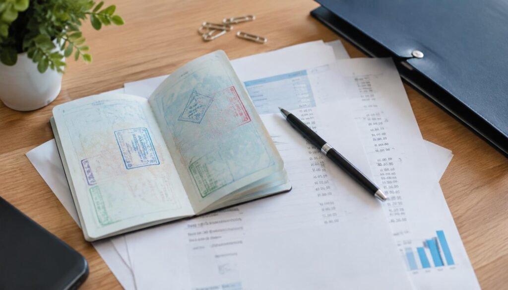 Open passport with visa stamps on a desk with printed financial documents and a pen