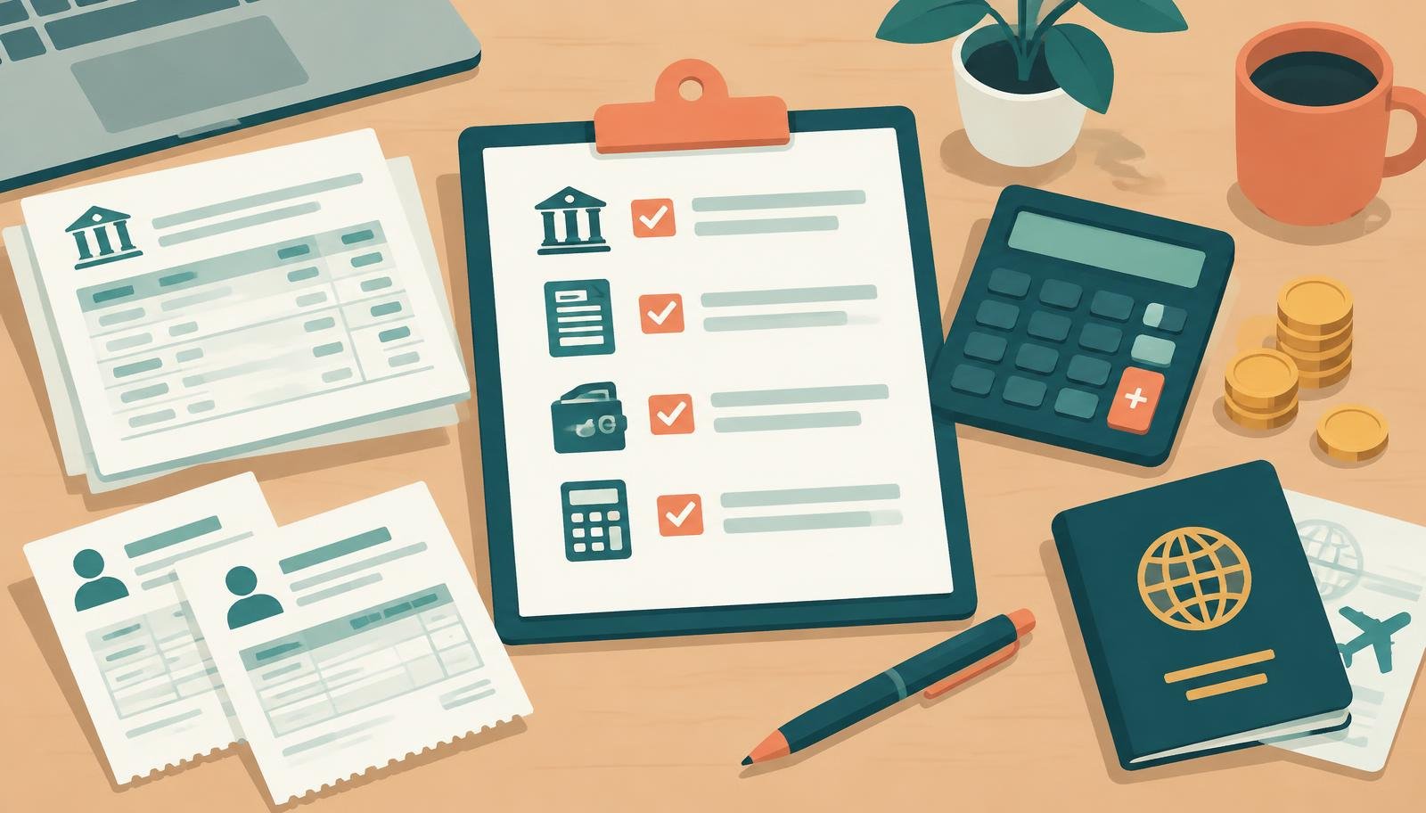 Checklist of financial documents needed for a visa application, including bank statements and salary slips