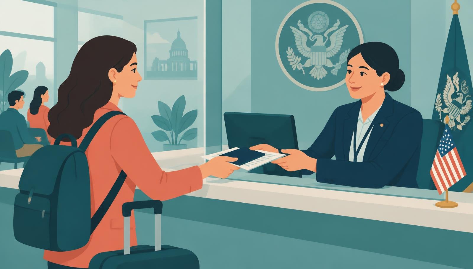 Traveler handing documents to a consular officer at an embassy visa interview counter