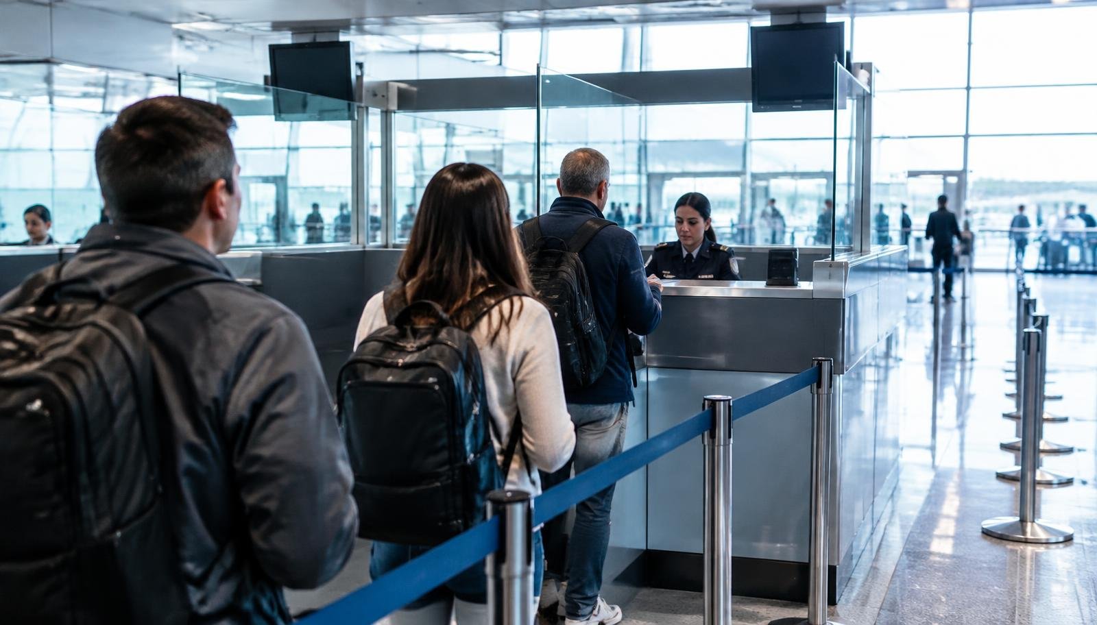 Travelers queuing at an airport immigration counter to obtain a visa on arrival