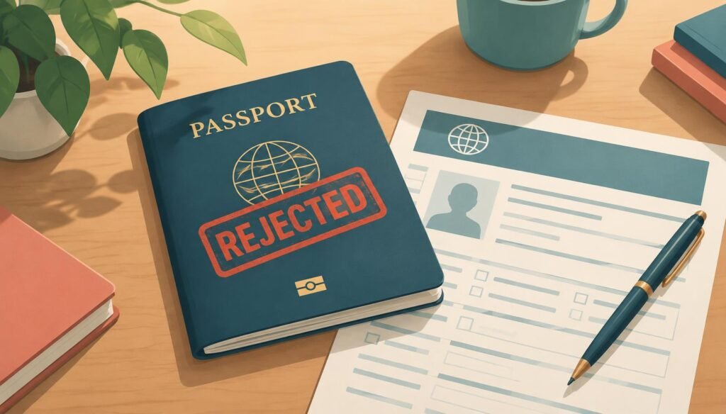 Passport with a rejected stamp next to a visa application form