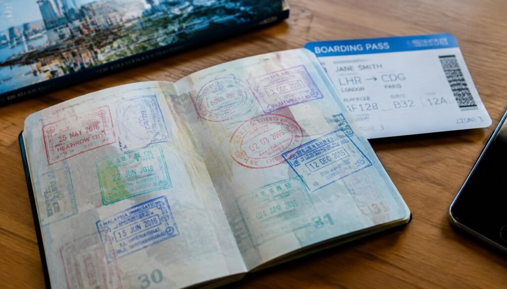 Open passport with colorful entry stamps next to a boarding pass